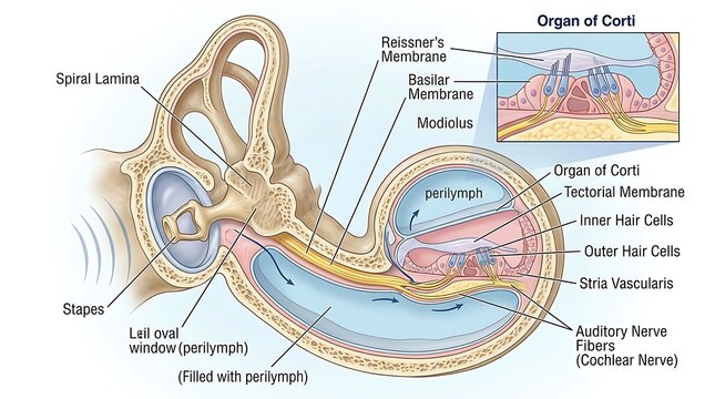 Anatomy of cochlea and organ of corti medical diagram