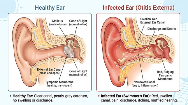 Comparison diagram of healthy ear and infected otitis externa