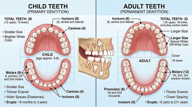 Comparison of child primary dentition and permanent teeth anatomy chart