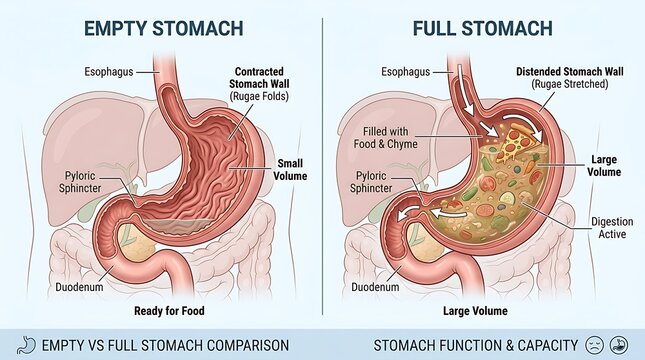 Comparison of empty stomach versus full stomach anatomy and digestion process