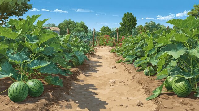 Lush green garden rows flank a dirt path under a bright summer sky