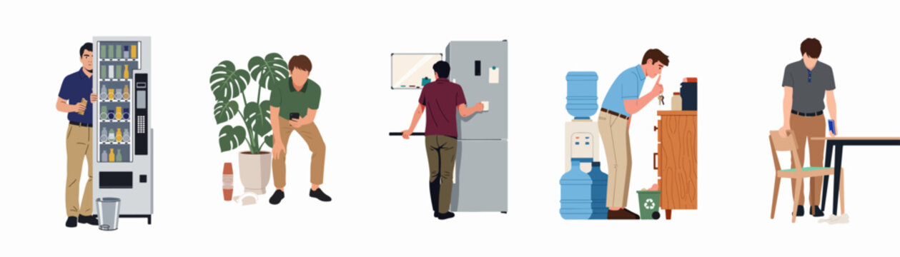 Collection of flat vector illustrations showing men avoiding work or procrastinating in various office breakroom and workplace scenarios