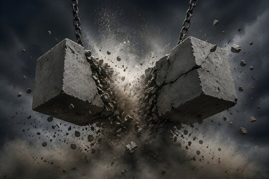 Heavy Concrete Blocks Suspended During Explosive Collision With Dust Cloud And Dramatic Stock Photography Style