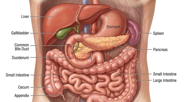 Detailed anatomical diagram of the human digestive system organs and abdominal structures