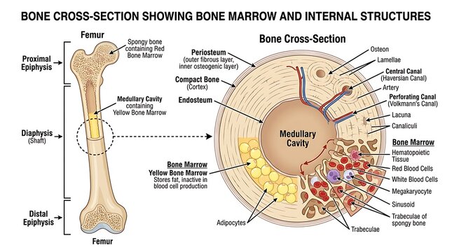 Cross section of human femur bone showing bone marrow and internal structures