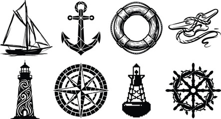 Black Silhouette Collection of Nautical and Maritime Symbols Including Anchor, Sailboat, and Lighthouse © MdAsraful