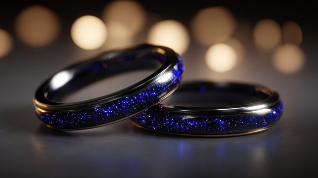 Two metallic bands inlaid with brilliant blue sparkling material rest on a muted surface with warm background illumination