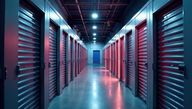 High-tech self storage units with digital locks and security cameras, metal door, security camera, secure