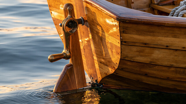 tiller. A small wooden boat's stern with a bronze tiller handle in calm golden hour light. mobility guides, transit brochures, designed for mobility and urban transit guides.