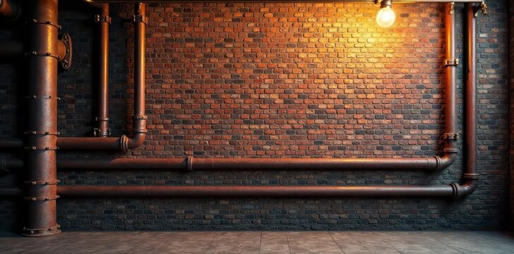 Industrial brick wall with rusty pipes under harsh lighting , steel, pipe, factory