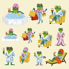 Frogs relax in various poses with drinks and shopping bags in a leisure setting
