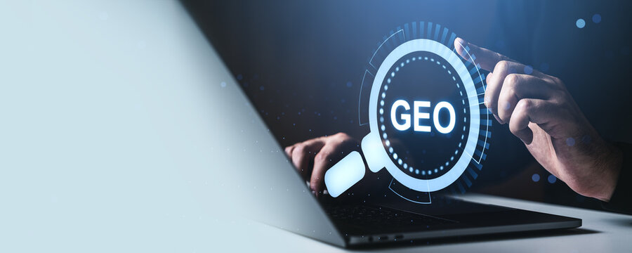 Digital geo search interface with hand interacting over laptop in modern business concept background showing technology focus and location insight.