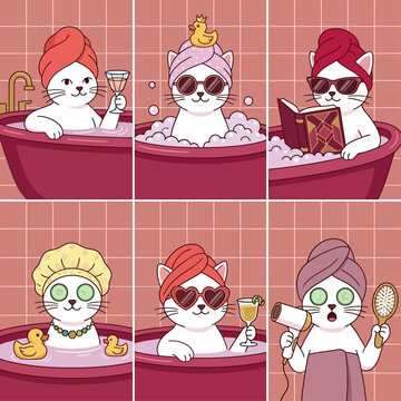 Cats relax in a pink bathroom with towels and rubber ducks.
