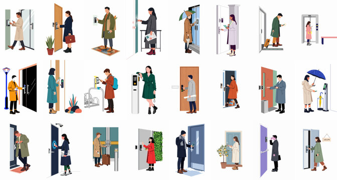 Vector Illustration Set of People Using Smart Electronic Door Locks and Access Control Systems for Residential and Office Buildings