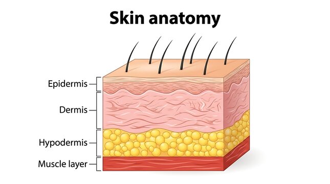 Human skin anatomy diagram showing epidermis dermis hypodermis and muscle layers