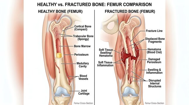 Medical comparison of healthy vs fractured femur bone with internal damage
