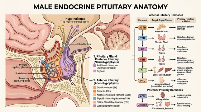 Male endocrine pituitary anatomy diagram showing hormones and target organs or tissues