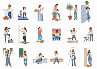 Fototapeta premium Set of diverse vector illustrations featuring a female photographer in Mediterranean-themed settings, using different cameras to capture her travels and artistic vision.