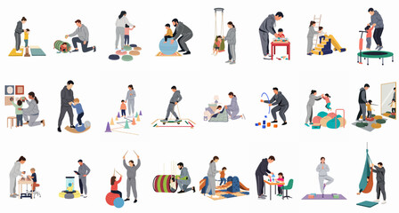 Fototapeta premium Collection of illustrations showing children and therapists engaging in diverse pediatric occupational and physical therapy activities for sensory and motor development.