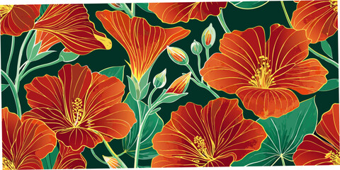 Red hibiscus floral ornament with detailed linework on a dark background © Pali