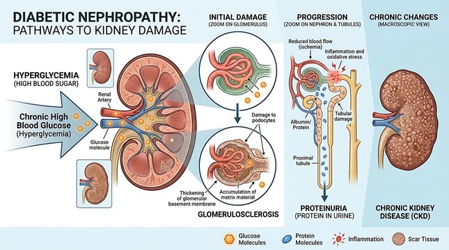 Pathways to kidney damage and diabetic nephropathy diagram
