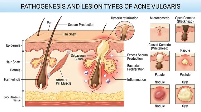 Pathogenesis and lesion types of acne vulgaris diagram