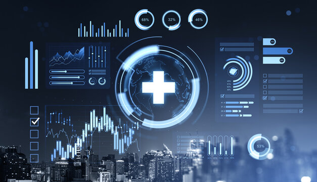 Digital medical interface with glowing health cross, global map and analytic charts overlaying city skyline in futuristic business concept scene.