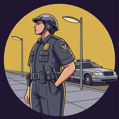 A police officer wearing a helmet stands on a sidewalk next to a patrol car at night. © James