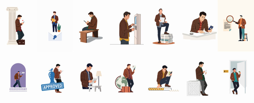 A series of illustrations depicting a young man managing various administrative tasks, travel documents, and digital processes in a clean, flat style.