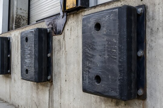 Heavy duty rubber dock bumpers mounted concrete warehouse wall weathered texture scuff marks industrial protection