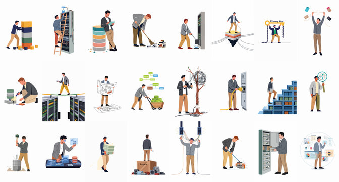 Collection of flat vector illustrations depicting IT professionals, database administrators, and system engineers managing servers, data infrastructure, and complex technical tasks.