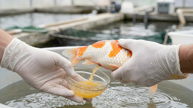 Aquatic veterinarian stripping eggs from female koi fish for artificial breeding at hatchery
