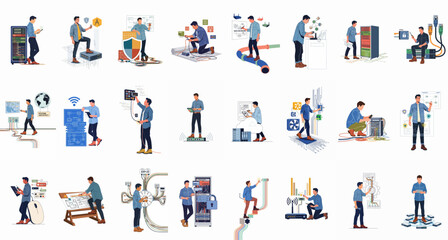 Fototapeta premium Comprehensive set of professional IT technician and network engineer illustrations showing server maintenance, system architecture, data security, and hardware installation.