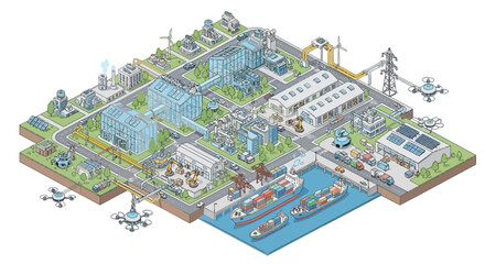 Fototapeta premium Isometric Illustration of a Smart Industrial Port and Logistics Hub.