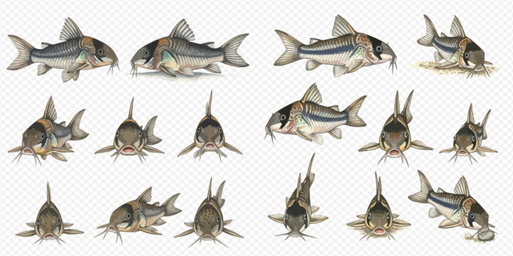 Set of armored catfish, also known as suckermouth catfish or pleco, isolated on transparent background.