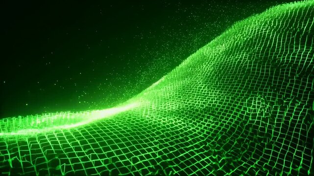 Dynamic green waveforms flowing across digital grid in futuristic animation
