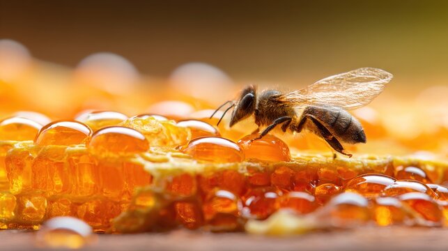 hive. Macro view of honeycomb with amber nectar droplets, golden backlight highlighting natural bee wing details. wildlife magazines.