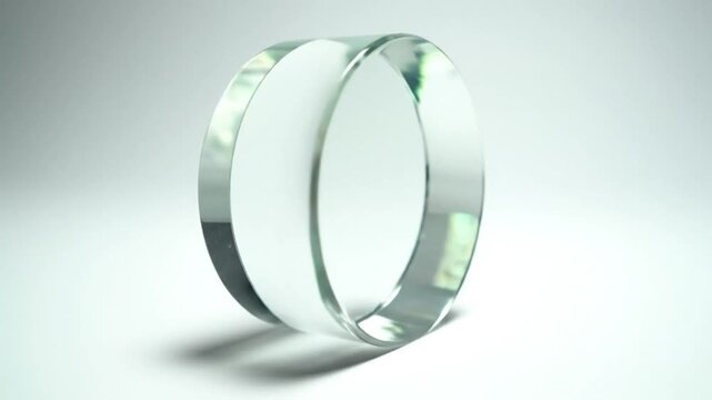Rotating glass circle on white background, reflecting light and casting a shadow with artistic minimalist aesthetic.