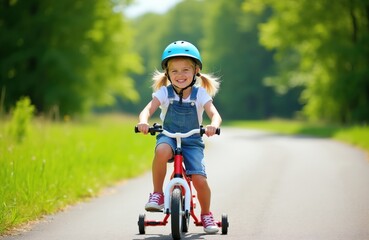 Fototapeta premium Young girl in helmet rides red tricycle on paved road. Child with blonde pigtails smiles happily, enjoying outdoor summer activity. Green trees line path creating vibrant, cheerful atmosphere for