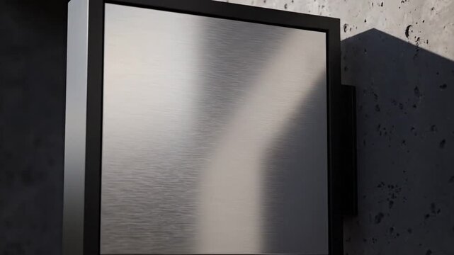 Close-up of modern metal sign against a textured concrete wall with natural sunlight