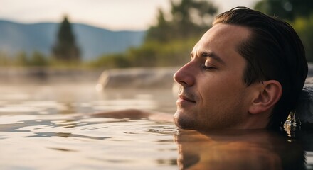 Fototapeta premium Man relaxing hot spring with closed eyes, feeling steam rise in tranquil outdoor setting. Calm man enjoying therapeutic hot spring experience, promoting peace and wellness.