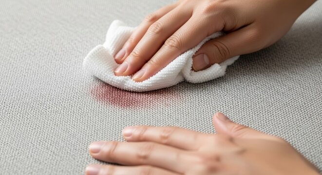 Man performing sofa cleaning, wiping red spill from gray fabric. Diligent sofa cleaning with white cloth removes upholstery stain. Efficient sofa cleaning symbolizes home care,