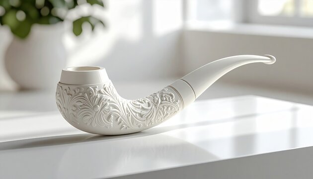 Exquisite white meerschaum pipe with intricate floral carvings on a light surface