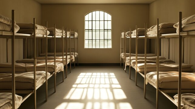 barracks. Military barracks interior with perfectly aligned beds and uniformly folded blankets. event key visuals, club posters, designed for fitness apps and gym onboarding.