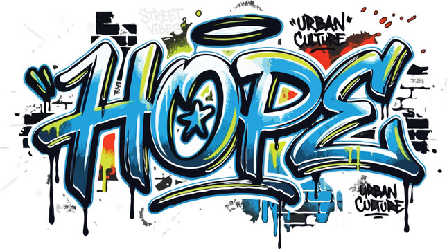 Colorful graffiti typography spelling hope on dark urban wall with paint drips and splatter effects