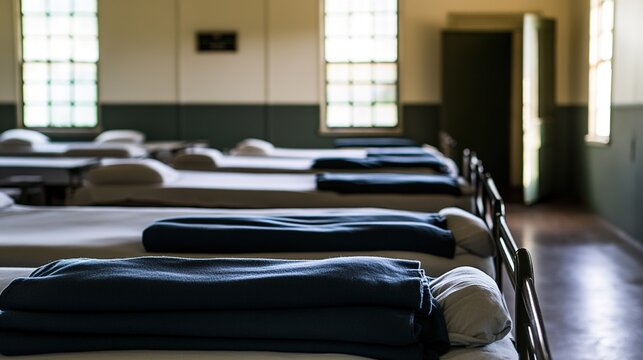 barracks. Military barracks interior with perfectly aligned beds and uniformly folded blankets. event key visuals, club posters, designed for fitness apps and gym onboarding.