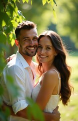 Naklejka premium Young couple embrace smiling outdoors park setting. Man and woman hug affectionately. Sunny day, green leaves background. Relationship goals, romantic moment, partnership joy.
