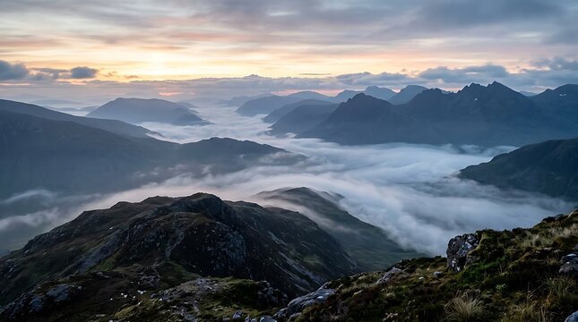 Misty morning sunrise over rugged mountain range with foggy valleys and cloudy skies