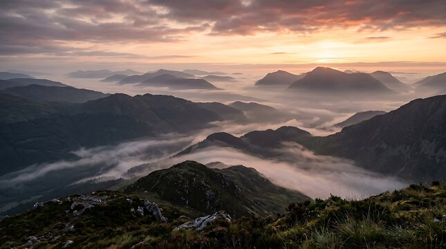 Misty mountain range at sunrise with foggy valleys and rolling hills under a vibrant orange cloudy sky with sun peeking through