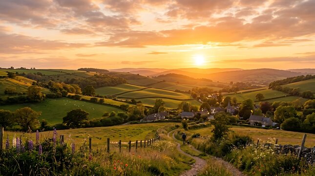 A serene countryside landscape at sunset with rolling hills, a winding path, and a small village nestled among green fields and trees under a vibrant orange cloudy sky.